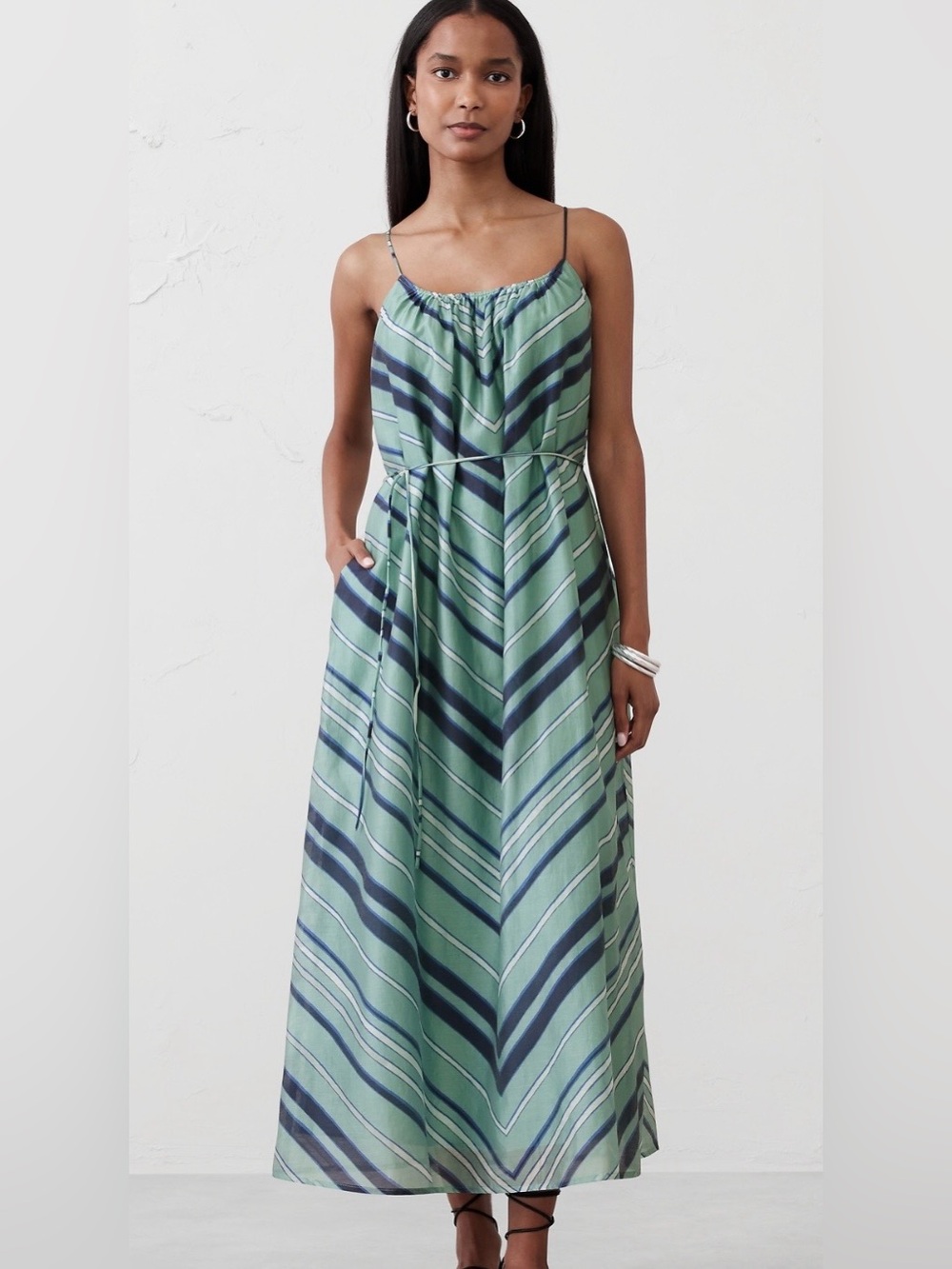 Banana Republic Tie Waist Organza Maxi Dress Lined Size Small Striped Blue Green
